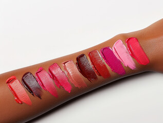 Swatches of colorful lipstick shades on arm
