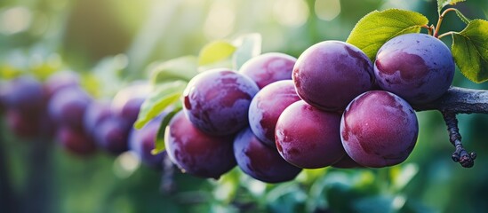Multiple ripe plums with a vibrant color hanging on a tree branch in the farmer's harvest - obrazy, fototapety, plakaty
