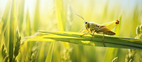 A green grasshopper peacefully perched on a single blade of grass in a vast field of golden wheat, under the sun's warm glow