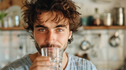A man with curly hair holding a glass of water standing in a kitchen with a shelf of cooking utensils and ingredients in the background. - Powered by Adobe