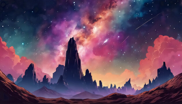Visione Notturna- Paesaggio Roccioso con Cielo Stellato e Nebulosa Galattica Colorata