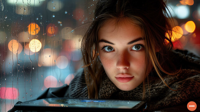 Close-up of a young woman's face behind a raindrop-covered window with warm bokeh lights in the background.