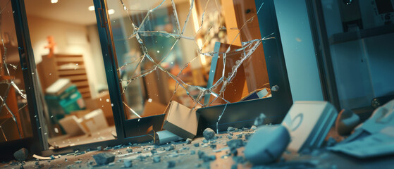 A dramatic scene of shattered glass with blurred background hinting at a store break-in.