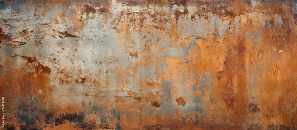 Poster a weathered and worn surface of old rusty metal, displaying a texture, used as a background for a ru