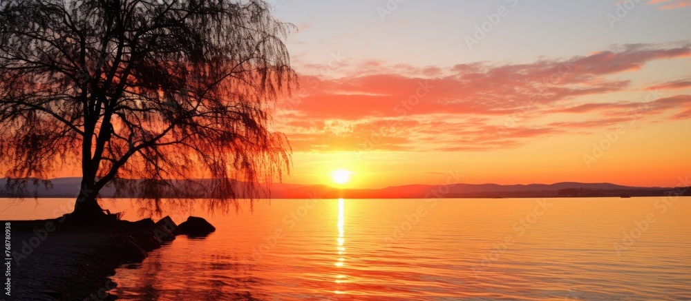 Poster scenic view of a serene sunset over the water with a lone tree and rugged rock in the foreground, ca