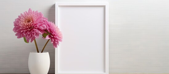 A pink flower is displayed in a white frame on a gray wall, creating a simple yet elegant vertical design with space for text