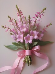 bouquet of pink bellflowers with pink ribbon