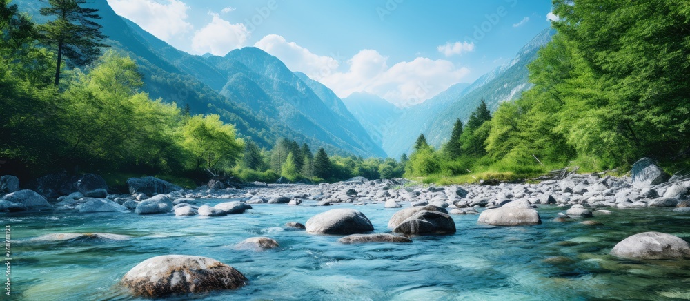 Aufkleber Scenic view of a flowing mountain river with rocks and trees in the background captured in a close-up shot, highlighting the clear water rushing through the stream