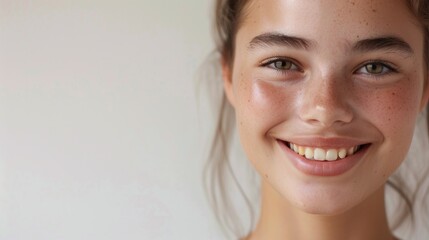 A close-up of a smiling young woman with rosy cheeks and freckles showcasing her bright eyes and straight white teeth against a plain background. - obrazy, fototapety, plakaty
