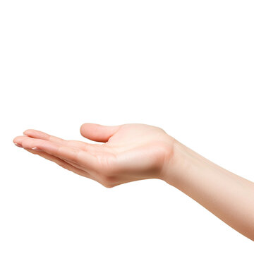 A close-up image of a woman's hand reaching out, palm facing up and open as if offering or receiving something. The clean white background allows for easy use in various design projects.