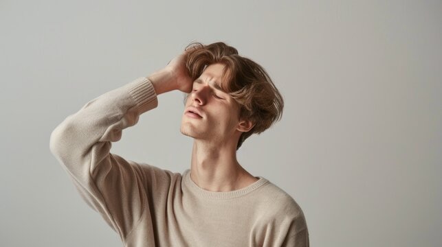 Young man with closed eyes and hand on forehead wearing a beige sweater in a contem plative pose against a neutral background.