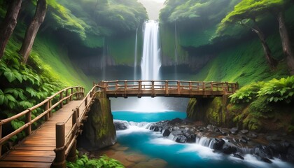Blurred Cheonjiyeon Waterfall is a waterfall on Jeju Island, South Korea with wooden bridge. - obrazy, fototapety, plakaty
