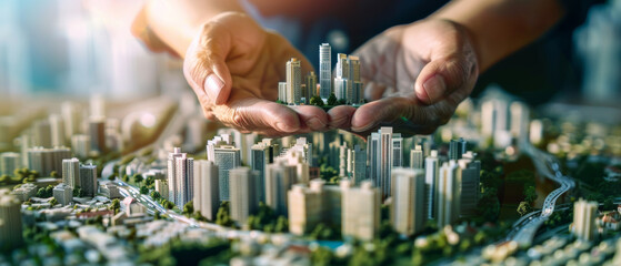 Hands cradle a miniature cityscape, symbolizing urban planning and protection of city life. - obrazy, fototapety, plakaty