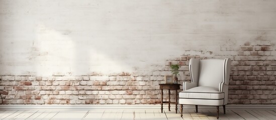 Vintage wooden chair placed in a room with a red brick wall, creating a rustic and charming...