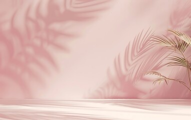 3d rendering of soft pink background with palm leaf shadow on wall