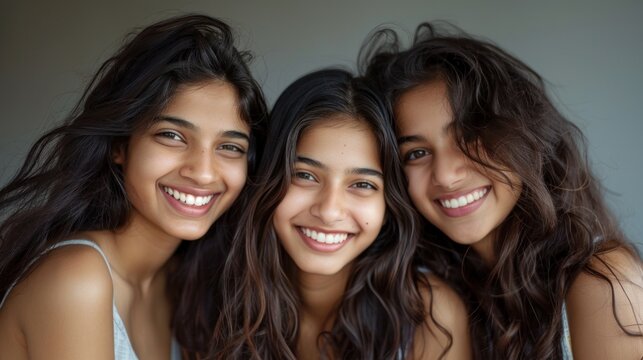 Three young women with long hair smiling and posing closely together exuding a sense of camaraderie and joy.
