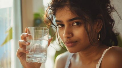 A woman with dark hair and a nose ring holding a glass of water looking directly at the camera with a slight smile.