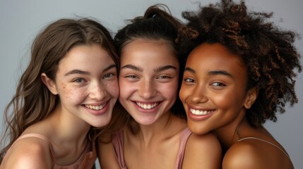 Three young women with different hair textures and skin tones smiling closely together showcasing diversity and friendship.