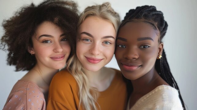 Three young women with different hair colors and styles smiling closely together showcasing diversity and friendship.