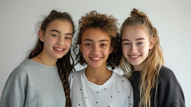 Three young girls with different hair colors and styles smiling and posing together against a white background.