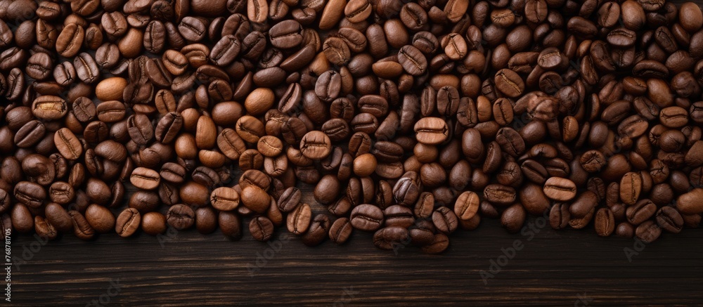Poster many coffee beans in a heap spread out on a rustic wooden surface