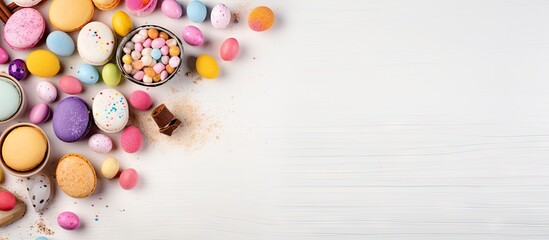 Obraz premium A close up of a table displaying a variety of colorful candy alongside sweets, pastries, Easter eggs, and an Easter bunny on a white background, top view with copy space