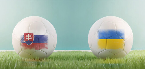 Slovakia vs Ukraine football match infographic template for Euro 2024 matchday scoreline announcement. Two soccer balls with country flags placed against each other on the green grass with copy space - obrazy, fototapety, plakaty