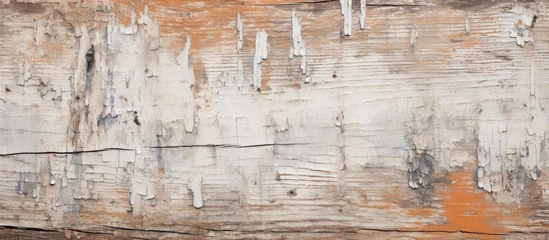 Foto op Aluminium An up-close view of an aged wooden surface showing signs of weathering and peeling paint, creating a rustic and textured background © vxnaghiyev