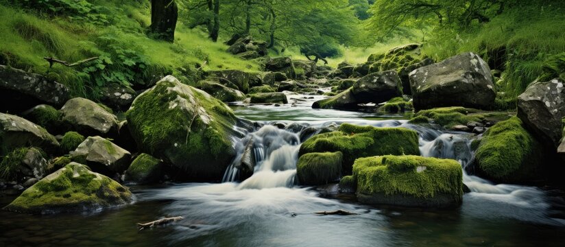 A serene water stream flows gently around rocks in a vibrant green forest of the Peak District, England, creating a tranquil and picturesque scene