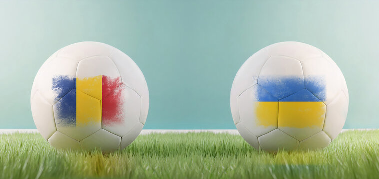 Romania vs Ukraine football match infographic template for Euro 2024 matchday scoreline announcement. Two soccer balls with country flags placed against each other on the green grass with copy space