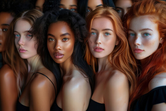 A group of women with different hair colors and styles are standing together. Concept of unity. Portrait of many attractive female fashion models with great skincare of all races, Tones and style.
