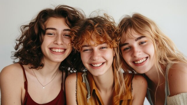 Three young women with curly hair smiling brightly posing closely together for a cheerful portrait.