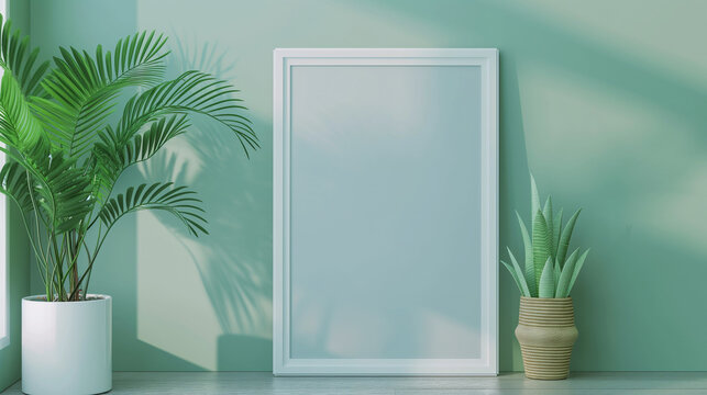 Sleek Interior Design Mockup with Empty Picture Frame and Decorative Plants