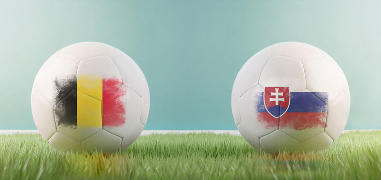 Belgium vs Slovakia football match infographic template for Euro 2024 matchday scoreline announcement. Two soccer balls with country flags placed against each other on the green grass with copy space