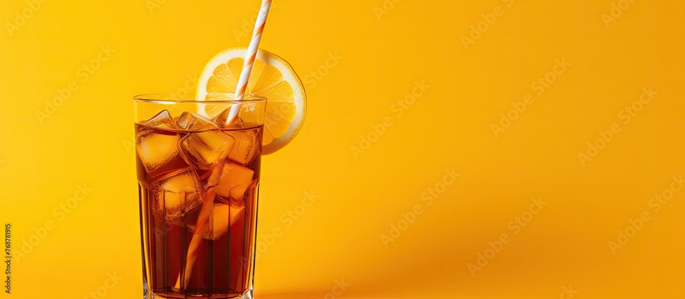 Aufkleber a detailed shot of a refreshing glass of iced tea served with a drinking straw and a slice of fresh 