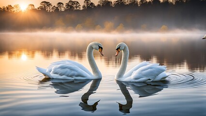 Fototapeta premium Two white swans on the lake at sunrise. Beautiful swans swimming on the lake at sunrise.