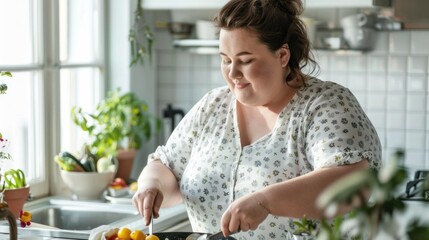 A woman with a joyful expression wearing a floral blouse standing in a kitchen preparing food on a cutting board with a knife surrounded by potted plants and a window with daylight.