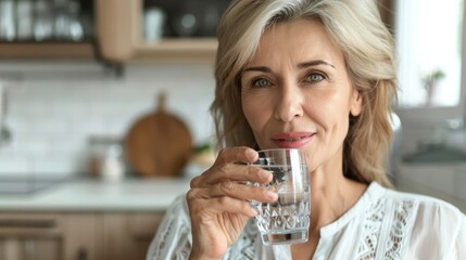 Woman with blonde hair holding a glass of water standing in a kitchen with a wooden cutting board and a window in the background. - Powered by Adobe
