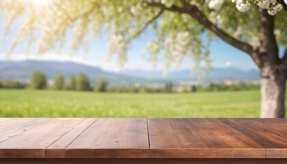 3D wooden table looking out to a defocussed summer landscape with Cherry tree