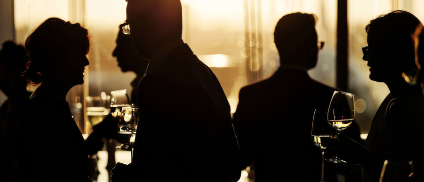 Elegant networking event captured in intriguing silhouette and warmth.