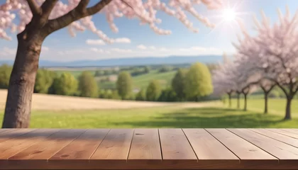 Rolgordijnen 3D wooden table looking out to a defocussed summer landscape with Cherry tree © Zulfi_Art