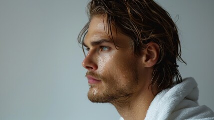 Fototapeta premium A man with wet hair and a towel looking off to the side with a thoughtful expression.