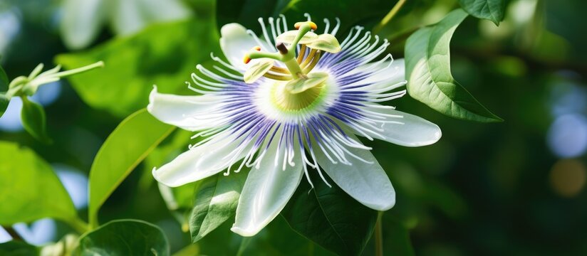 White Passiflora foetida flowers in full bloom on a tree with lush green leaves in the garden