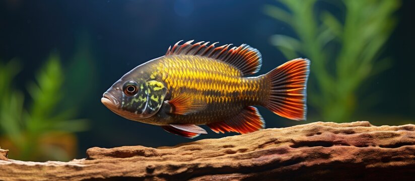 A detailed close up of a fish showing distinctive yellow and red stripes on its face, specifically a tropheus moorii kasakalawe fish in a tank