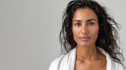 Woman with wet hair and skin wearing white towel looking directly at camera with soft expression.