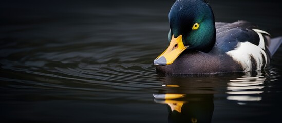 A tufted duck Aythya fuligula with a striking yellow beak is seen gracefully swimming in the calm waters of a pond