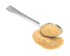 Pile of brown sugar and spoon isolated on white