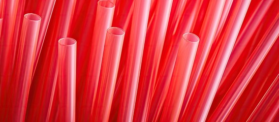 A collection of numerous red plastic drinking straws bundled together, forming a vibrant background