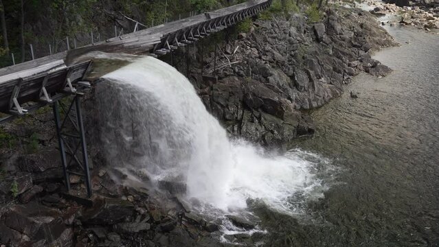 log flume of the historic restored wooden raft channel or timber slide of Tommerrenna in southern Norway near Vennesla is popular destination for hikers