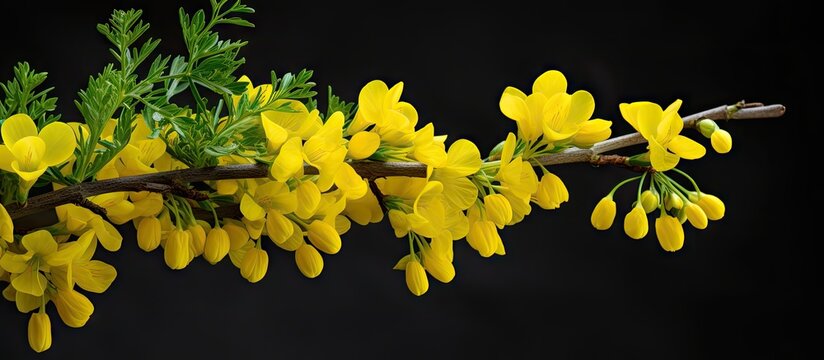 Branch of Vetch-like coronilla with yellow flowers, known as Hippocrepis emerus subsp emeroides, set against a dark black backdrop